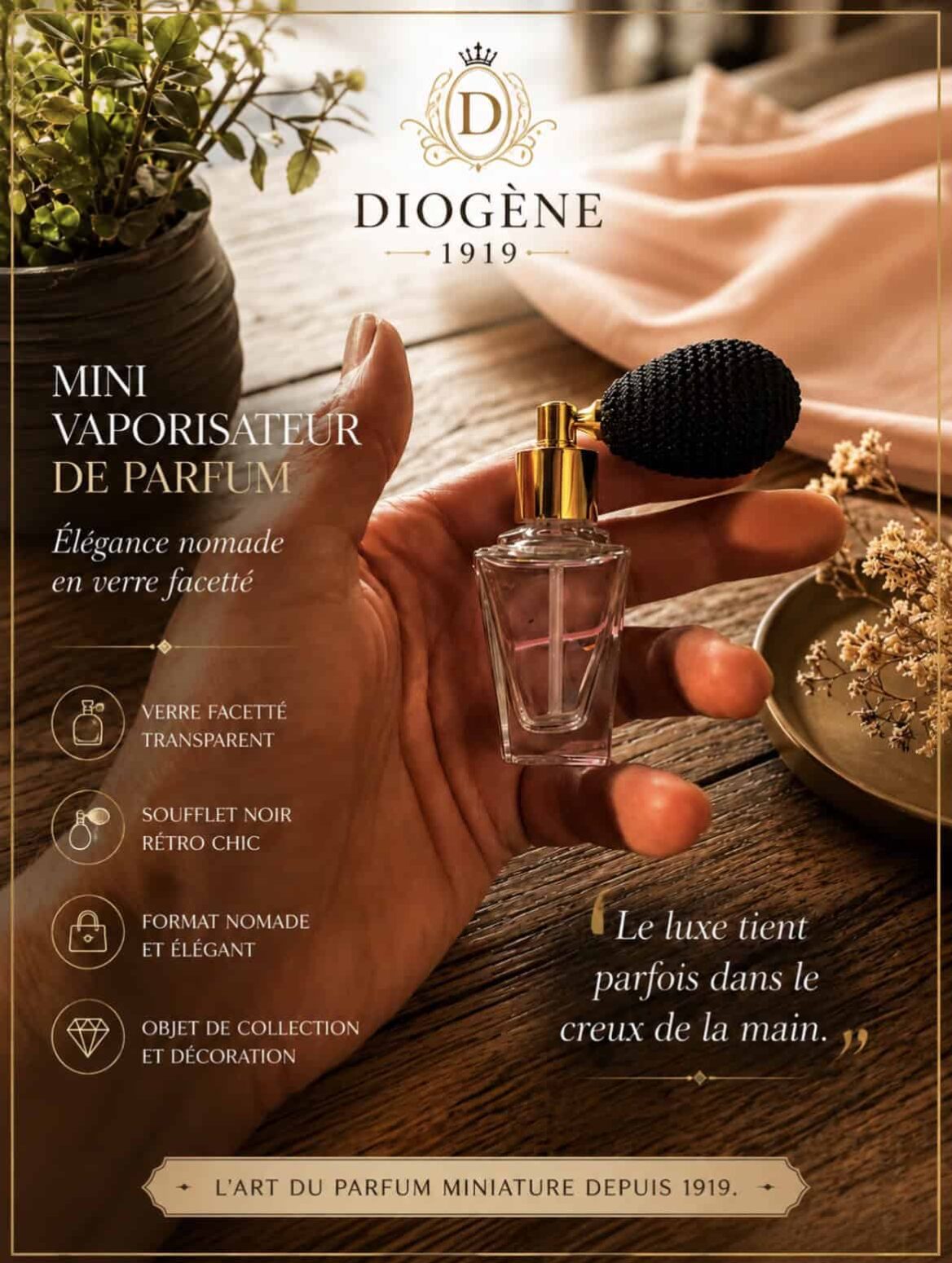 Vaporisateur de Parfum Art Déco 30 ml – Verre Transparent, Poire Noire et Monture Dorée – Diogène 1919 – Image 5